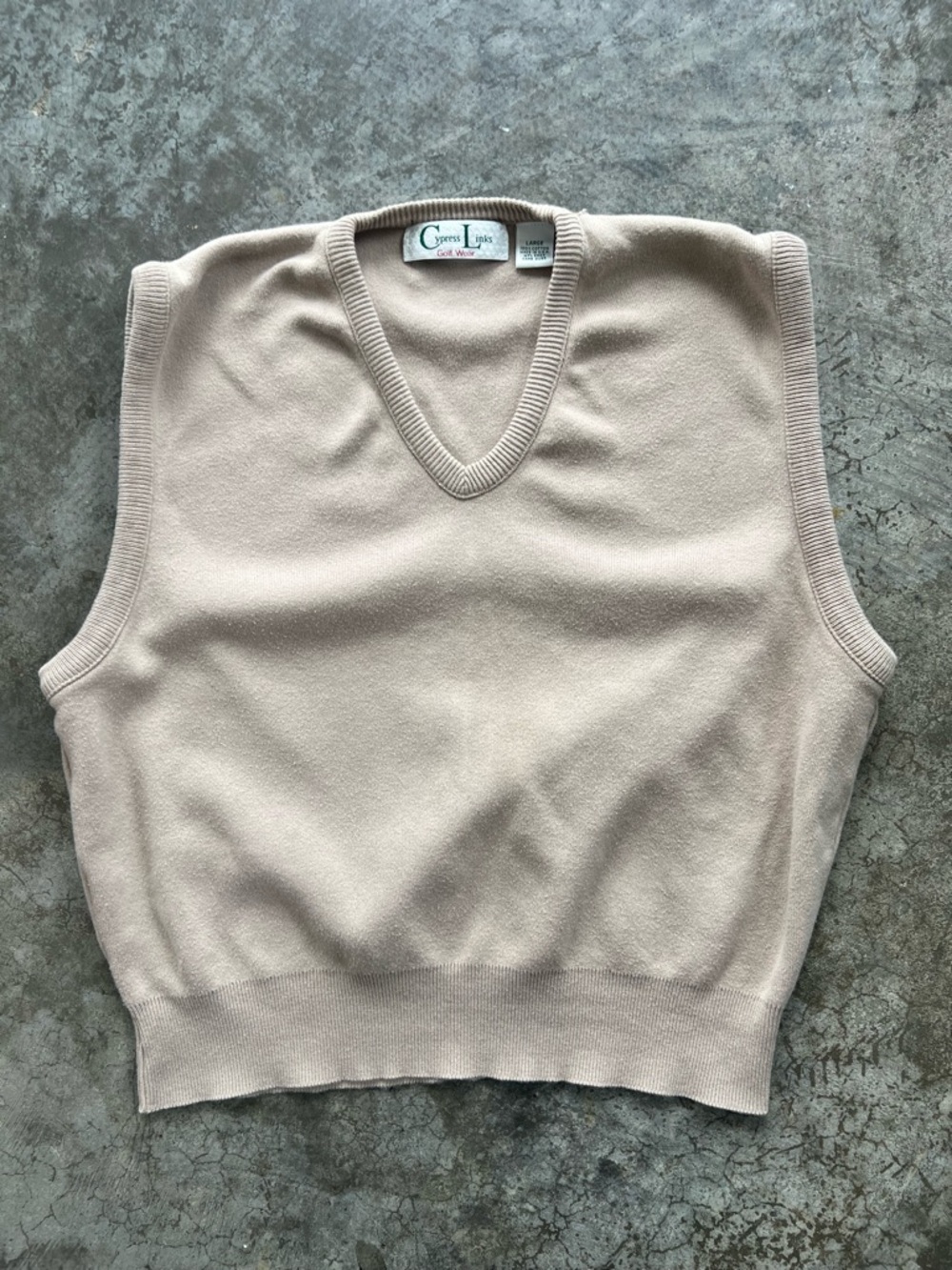 Vintage Cypress Links Tan Sweater Vest Large Made in USA 100% Cotton Old Money